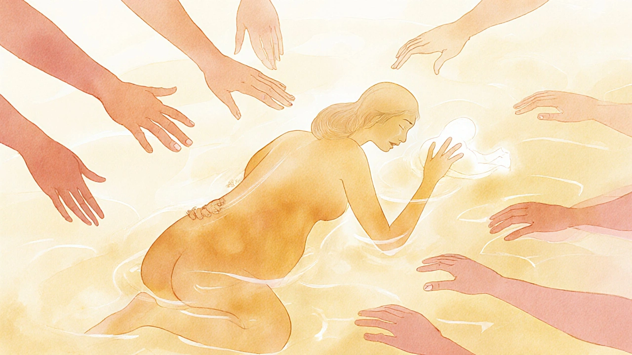 Abstraktní scéna těhotné ženy plující v teplém zlatém světle, symbolizující spojení s vlastním tělem.