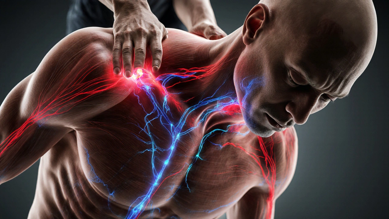 Anatomická ilustrace ukazující zlepšení krevního oběhu a odvod mléčné kyseliny po masáži.