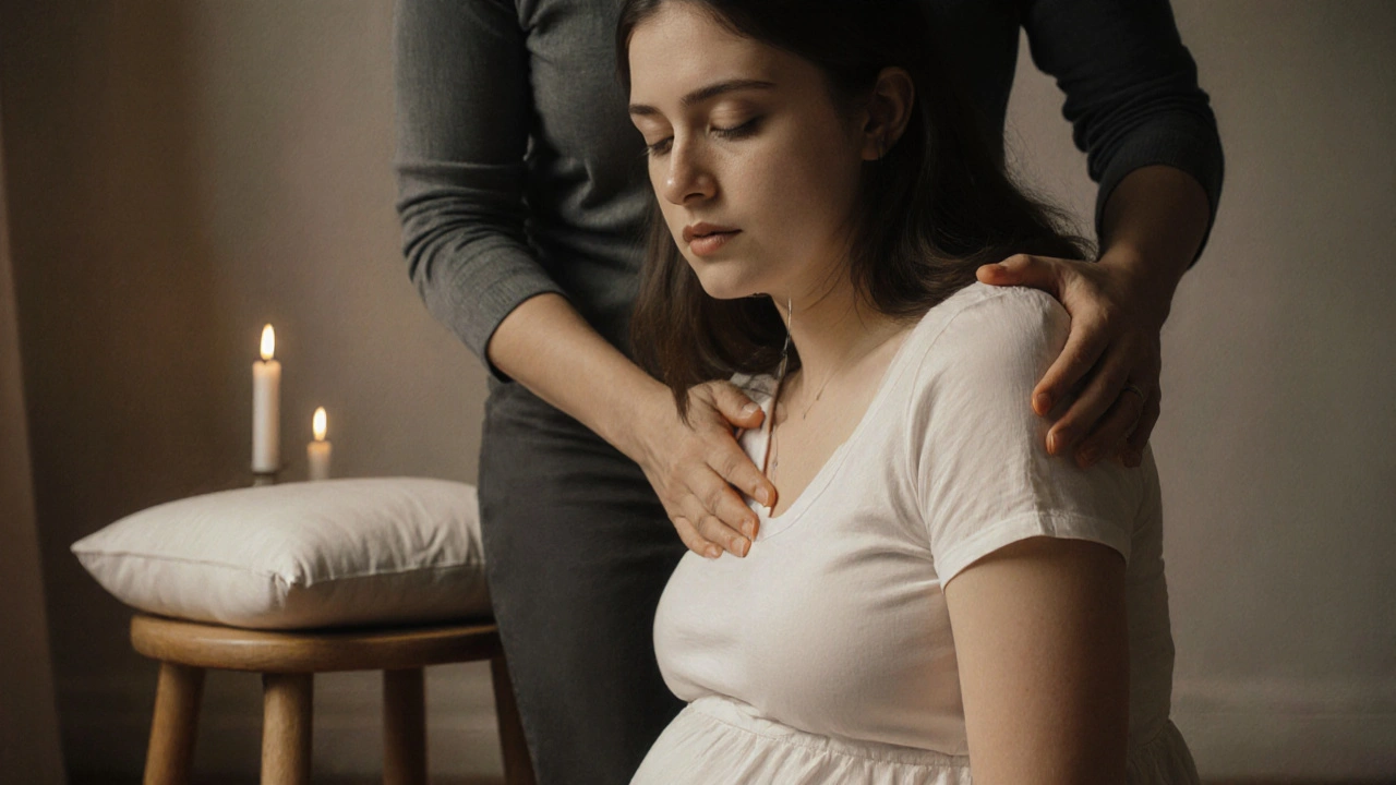 Těhotná žena pláče, zatímco její partner jemně hladí její záda v klidné domácí atmosféře.