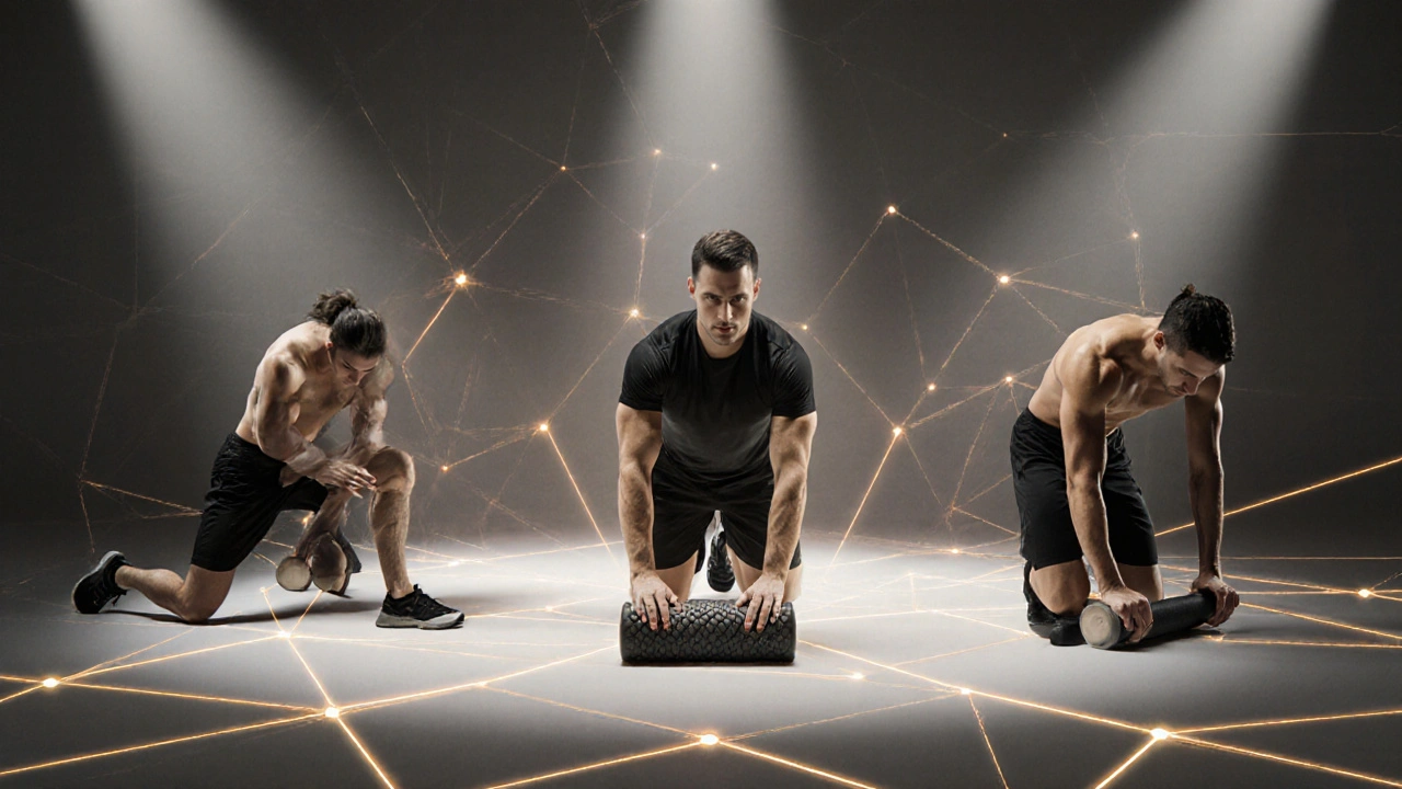 Tři sportovci v různých fázích regenerace spojení zlatými čarami symbolizujícími obnovu.