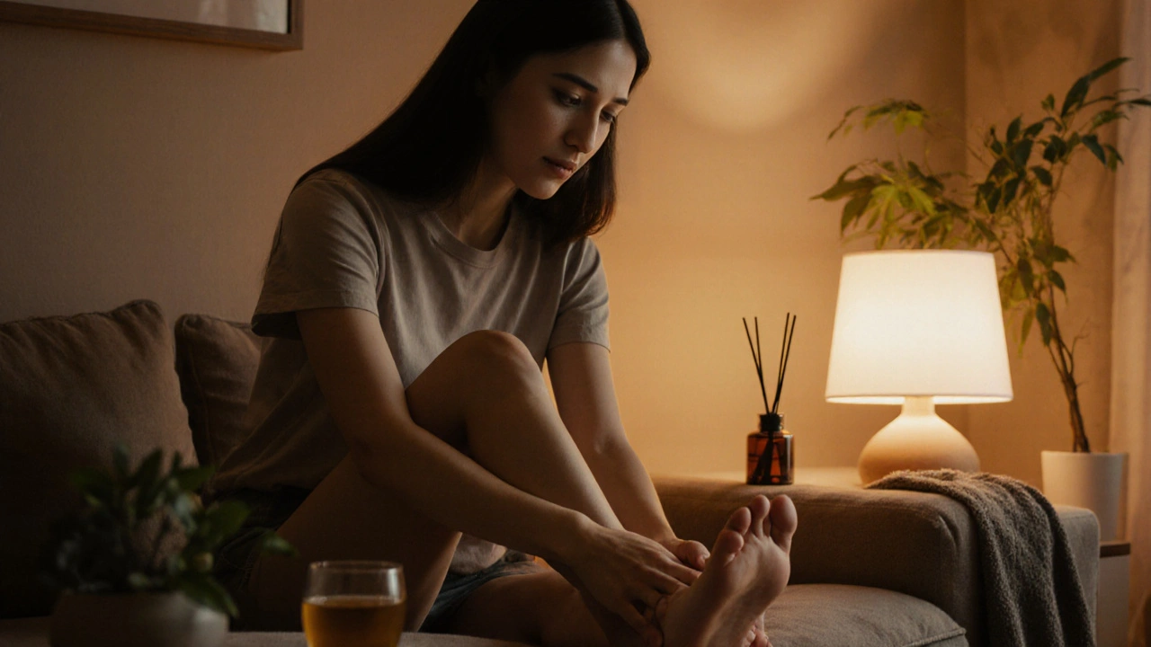 Žena v domácím prostředí masíruje své chodidla, relaxovaná v teplém osvětlení.