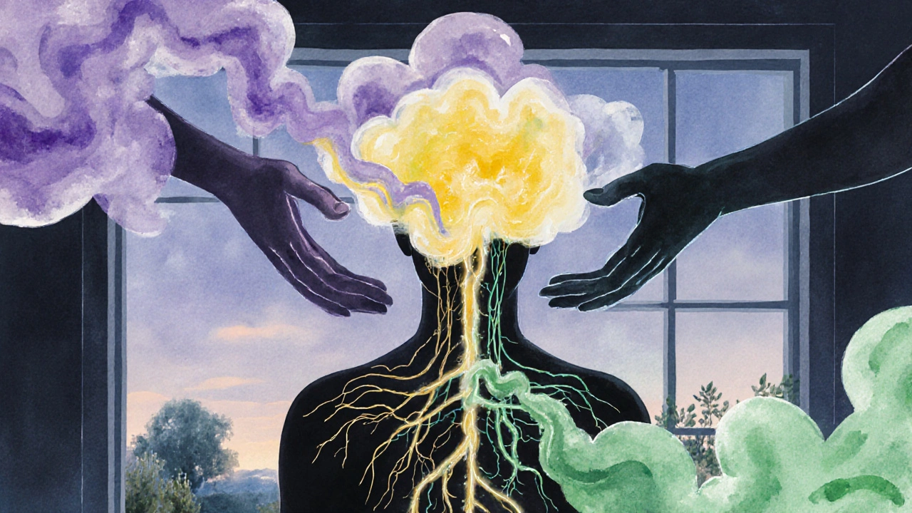 Abstraktní vodová barva ilustrace, kde vůně esenciálních olejů proudí k mozku a ovlivňují emoce.