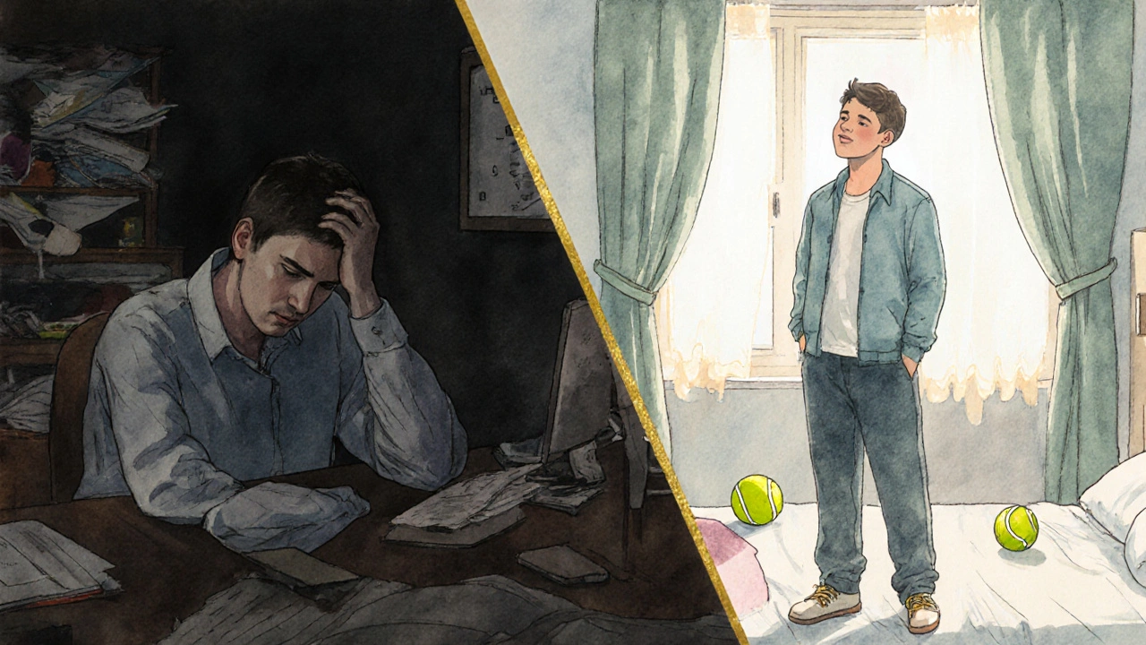 Dvě části obrazu: unavený člověk u počítače a stejný člověk klidný a odpočatý ráno.