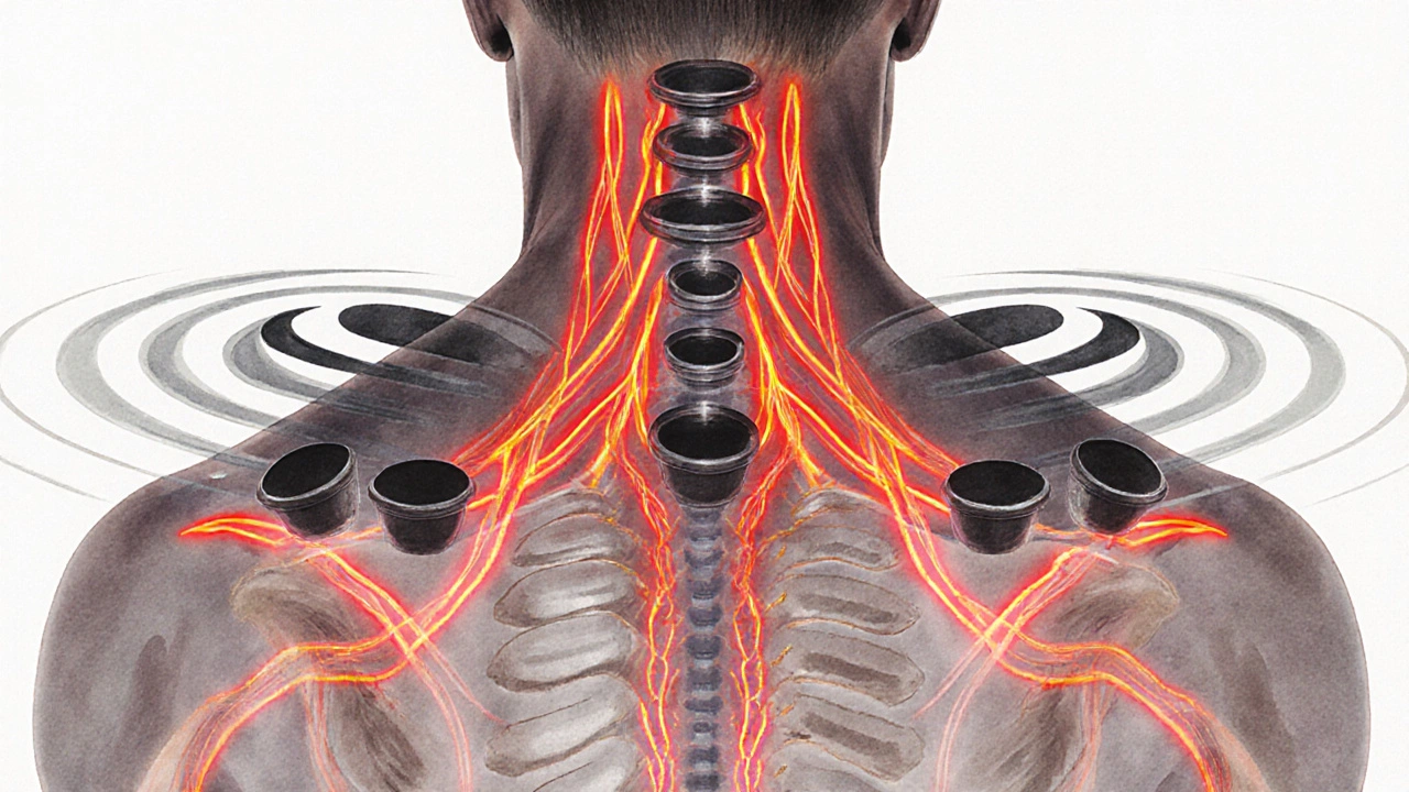 Koncepční obrázek ukazující zvýšený krevní oběh pod působením baňkování.