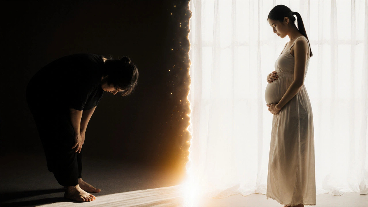 Kontrast mezi těhotnou ženou v bolesti a po uvolnění čínskou masáží, symbolizující obnovu těla.