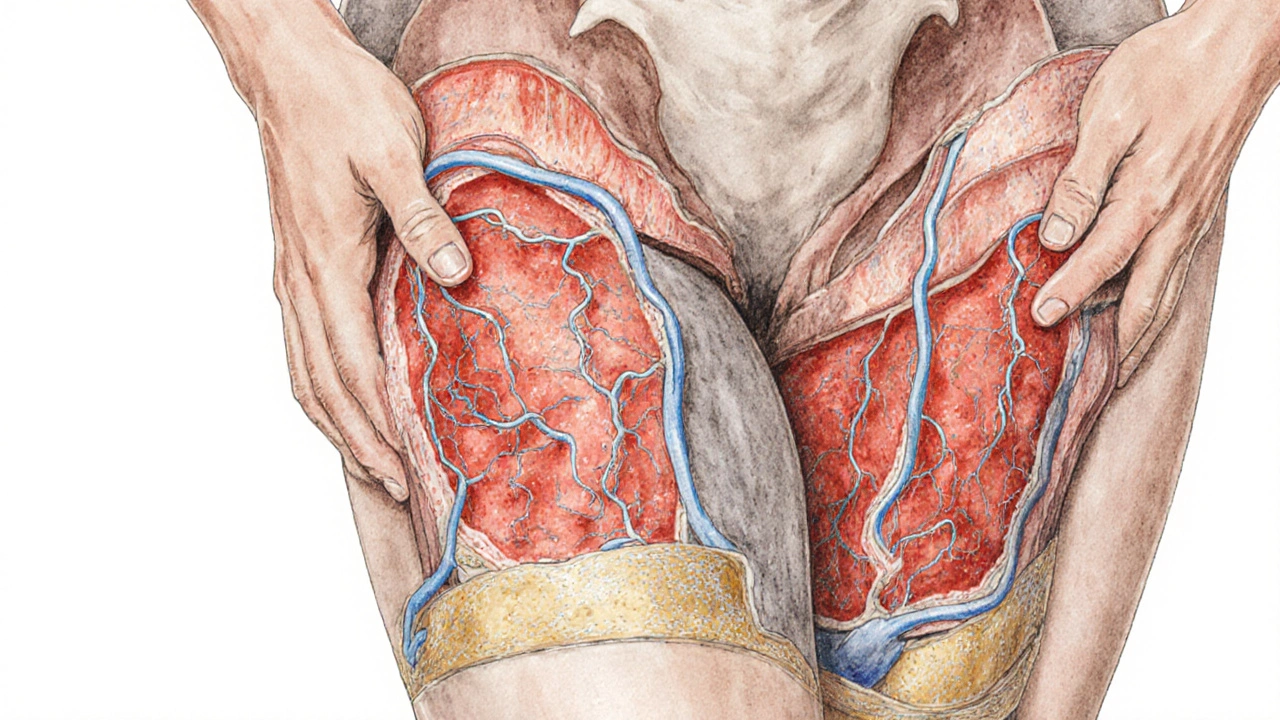 Křížový řez kůže a podkožní tkáně s uvolňujícími se vazivovými pouty a aktivním lymfatickým odtokem.