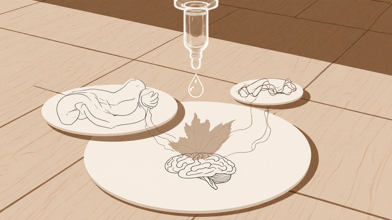 Minimální kresba tří propojených kruhů představujících tělo, mysl a duši, spojených proudy esenciálních olejů.