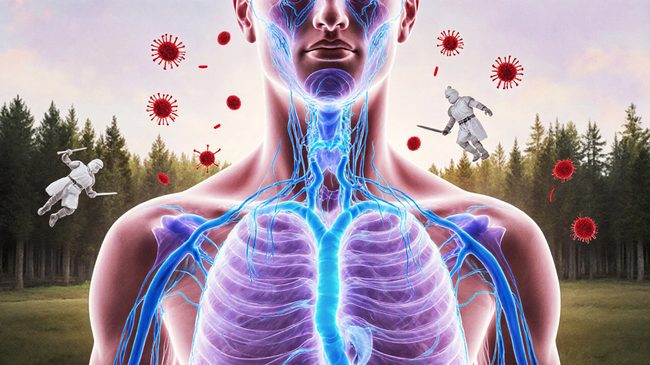 Průzračný lidský tělo s viditelným lymfatickým systémem a imunitními buňkami.