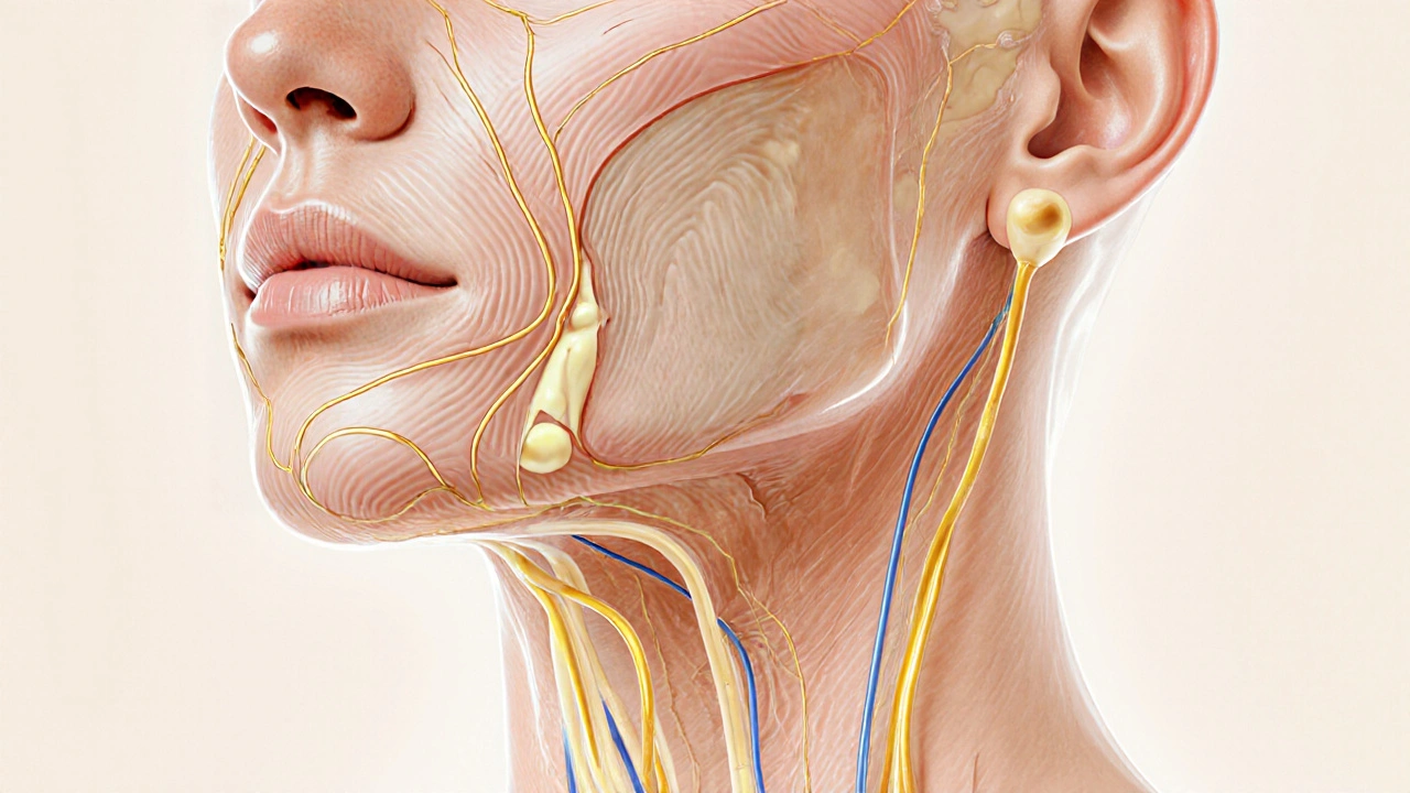 Uvnitř pokožky se jemně proudí lymfa směrem k lymfatickým uzlům za ušima a pod bradou.