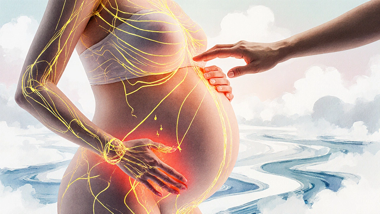 Vizualizace průběhu energie čchi těhotné ženy, s označenými akupresurními body zlatými tečkami.