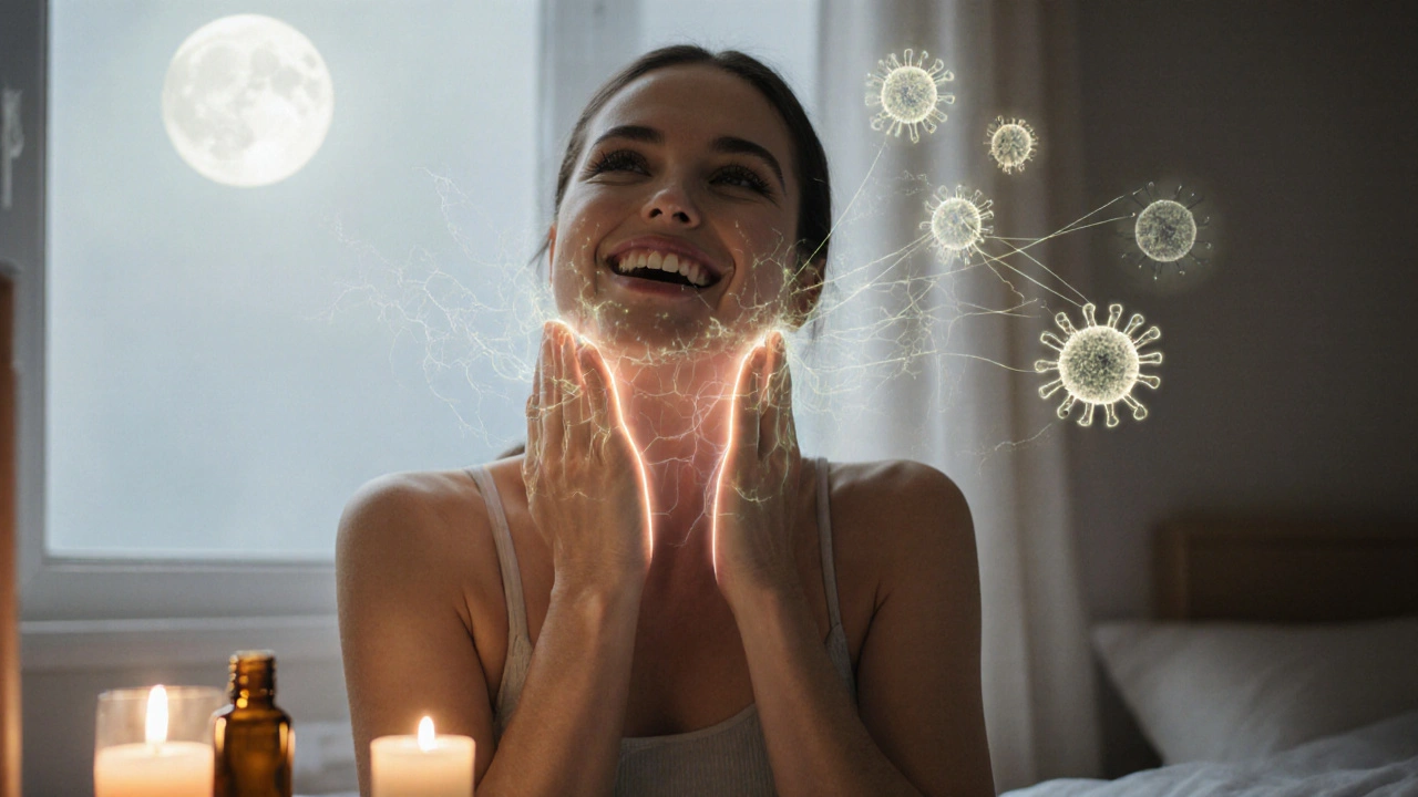 Žena provádí samomasáž pod ušima ve své ložnici večer před spaním.