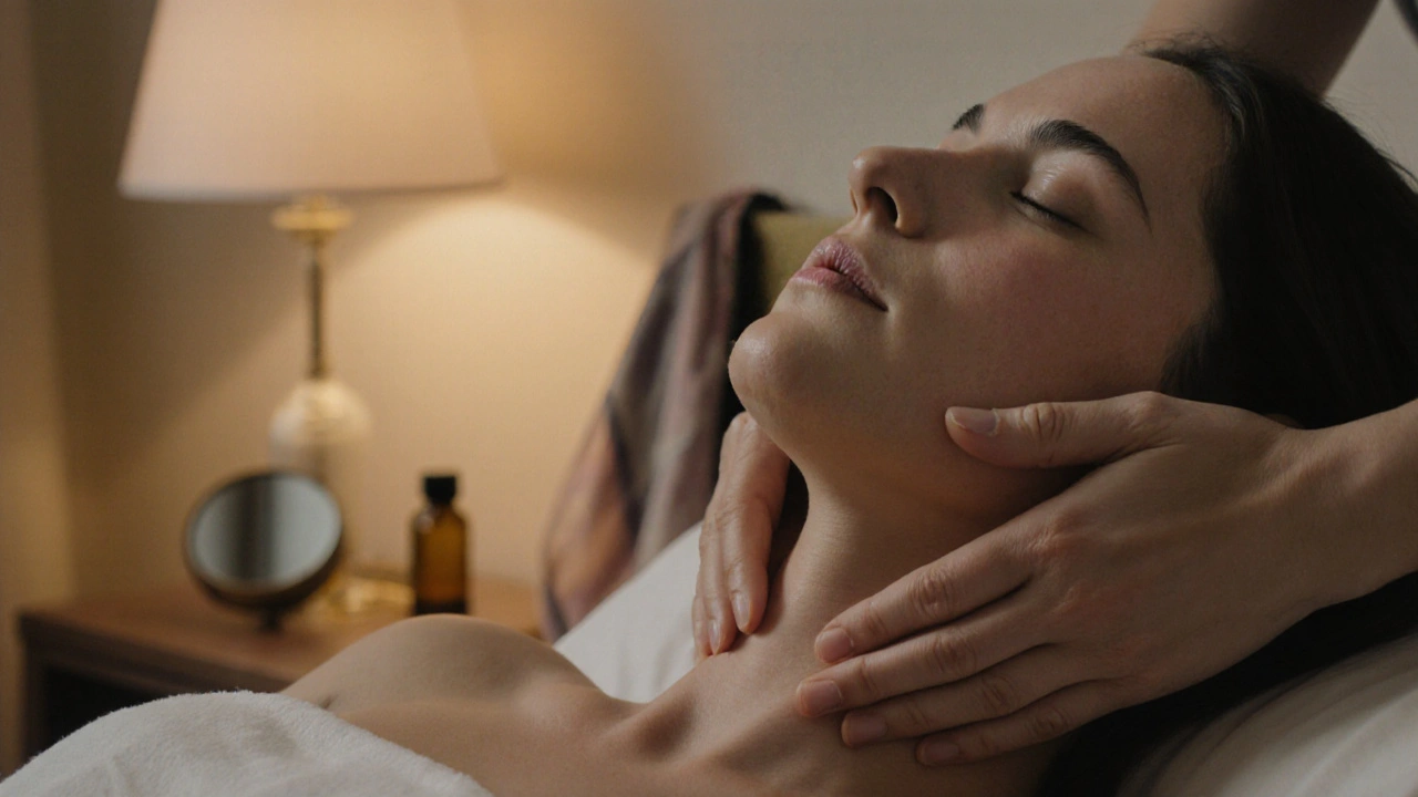 Žena si dělá večerní lymfatickou masáž krku a čelisti v klidné atmosféře domova.