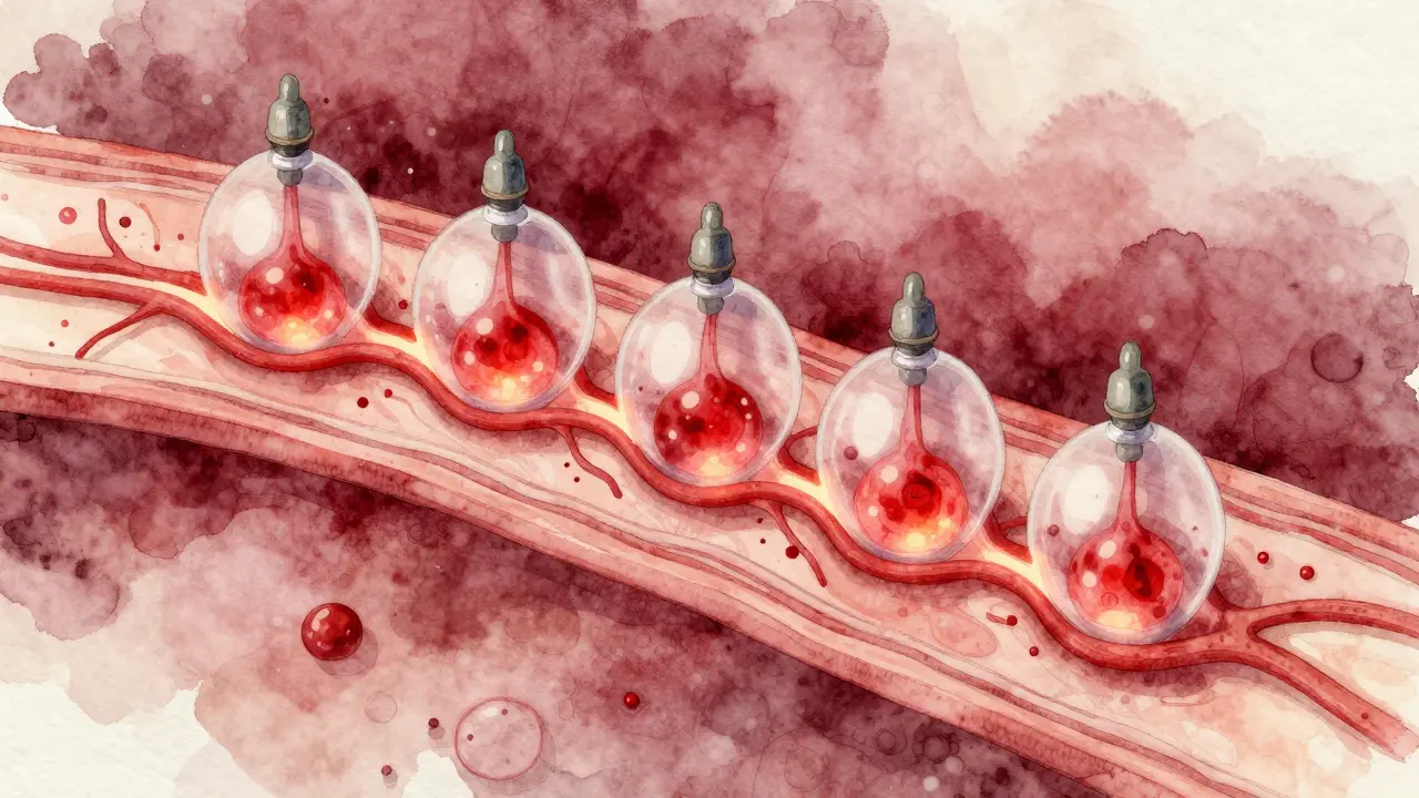 Abstraktní znázornění zlepšeného krevního oběhu a lymfatického odtoku pod podtlakem.