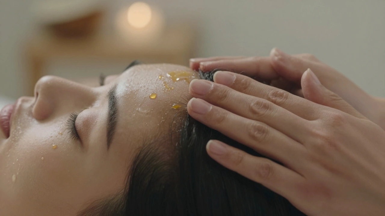 Detail ruky masírujícího skalpu teplým olejem při uvolňování napětí.