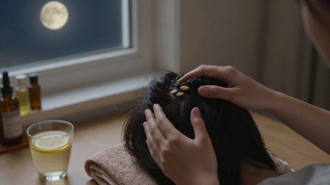Osoba doma provádí samotnou masáž hlavy večer před spaním v klidném prostředí.