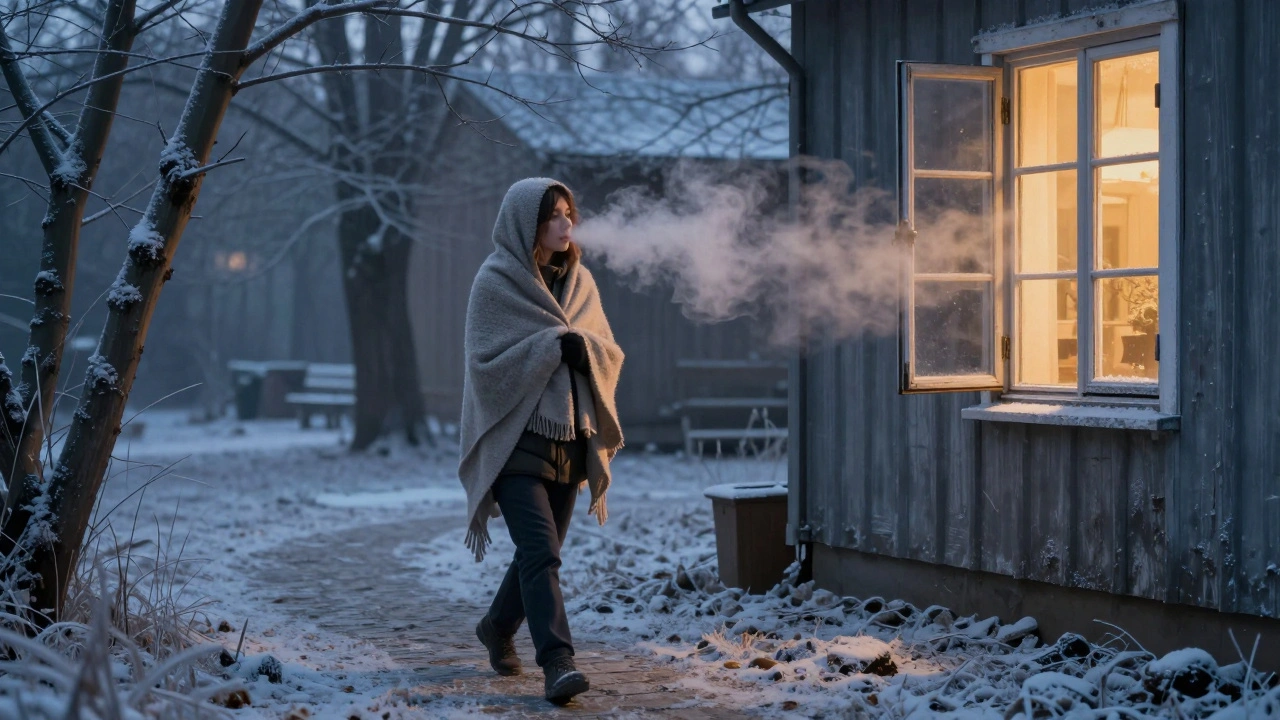 Osoba kráčí ranním zimním dnem, dech viditelný ve studeném vzduchu, za ní světlo z domu.