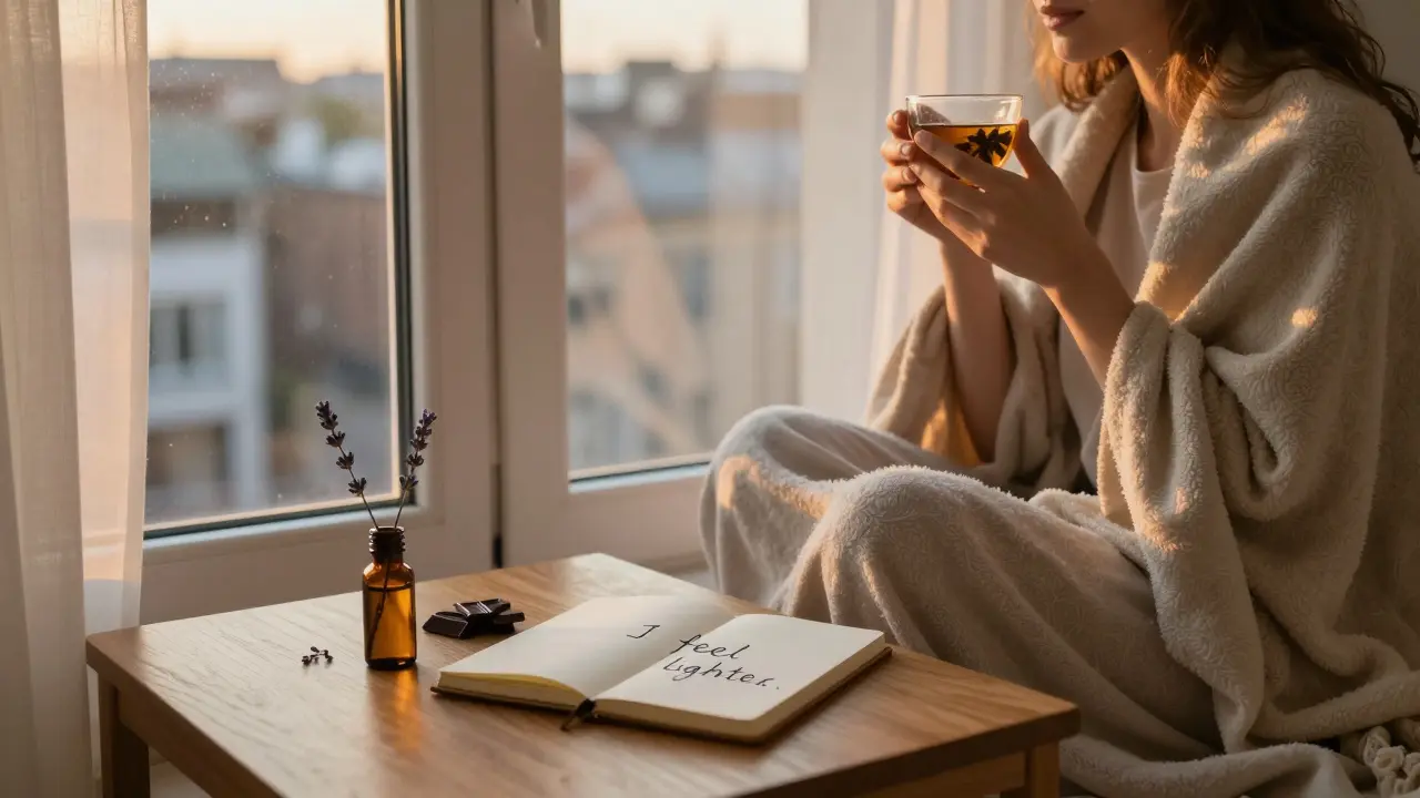 Osoba po masáži sedí u okna s čajem a čokoládou, klidný večerní světlo.