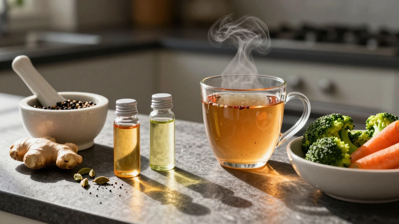 Ranní kuchyňský stolek s ayurvédskými oleji, čajem a zeleninou pro snížení Kaphy.