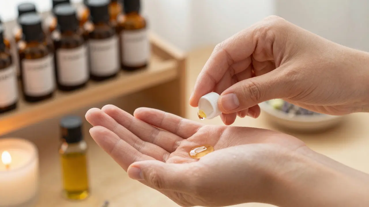 Ruce ohřívající esenciální oleje před masáží, kapek na kůži pod měkkým světlem.