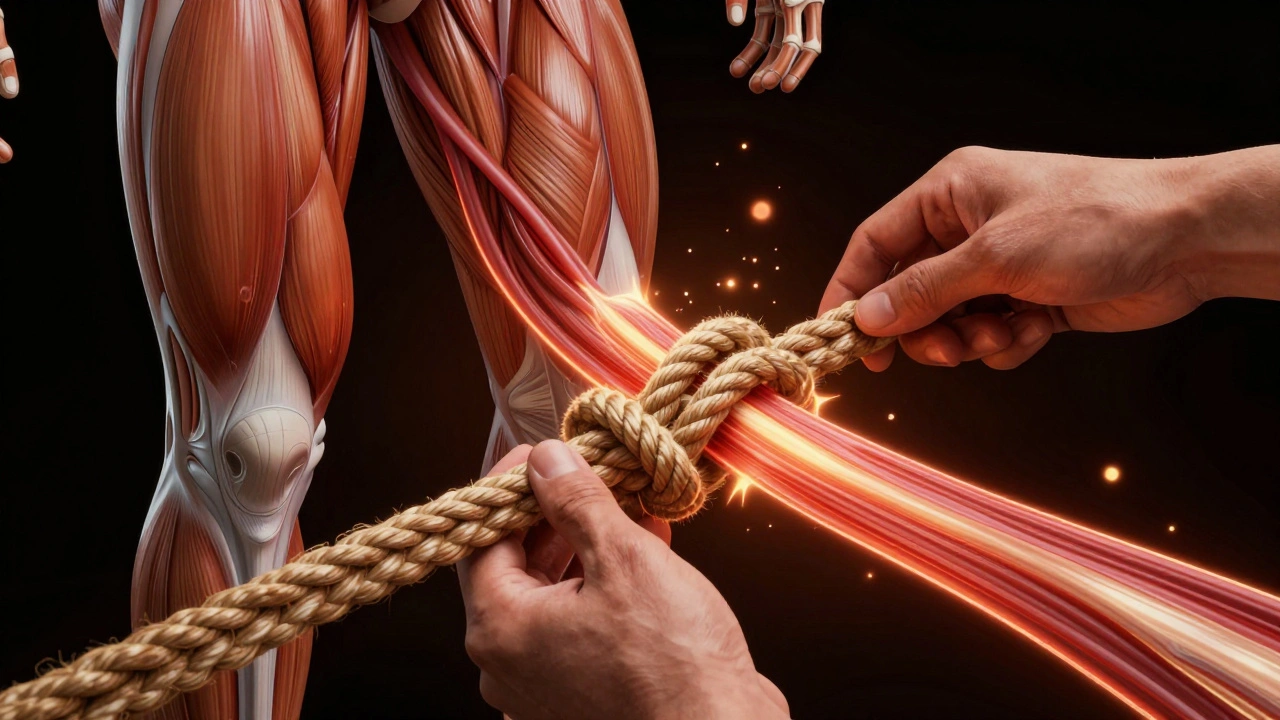 Vláknitá svalová tkáň je uvolňována rukama, s proudy krve a kyslíku kolem.