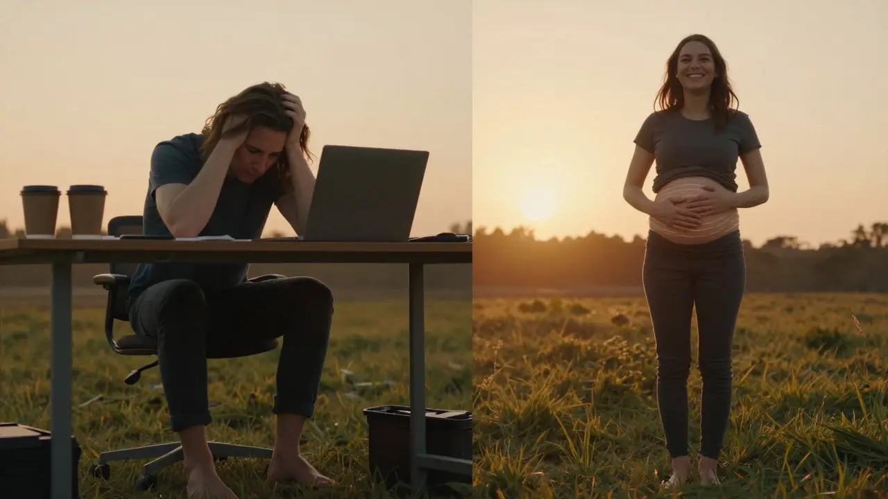 Dvě scény: stresující sedění u počítače a klidný útlum na slunci s masáží břicha.