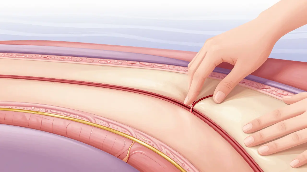 Ilustrace hlubokých tkáňových vrstev s jizvou, kterou ručně oddělují adheze.