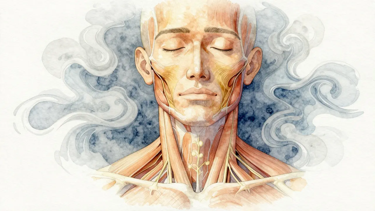 Ilustrace tří klíčových oblastí, které se cíleně masírují při léčbě migrény.