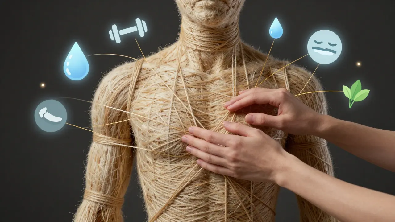 Konceptuální obrázek těla z vláken uvolňovaných rukama, symbolizující celkové zdraví.