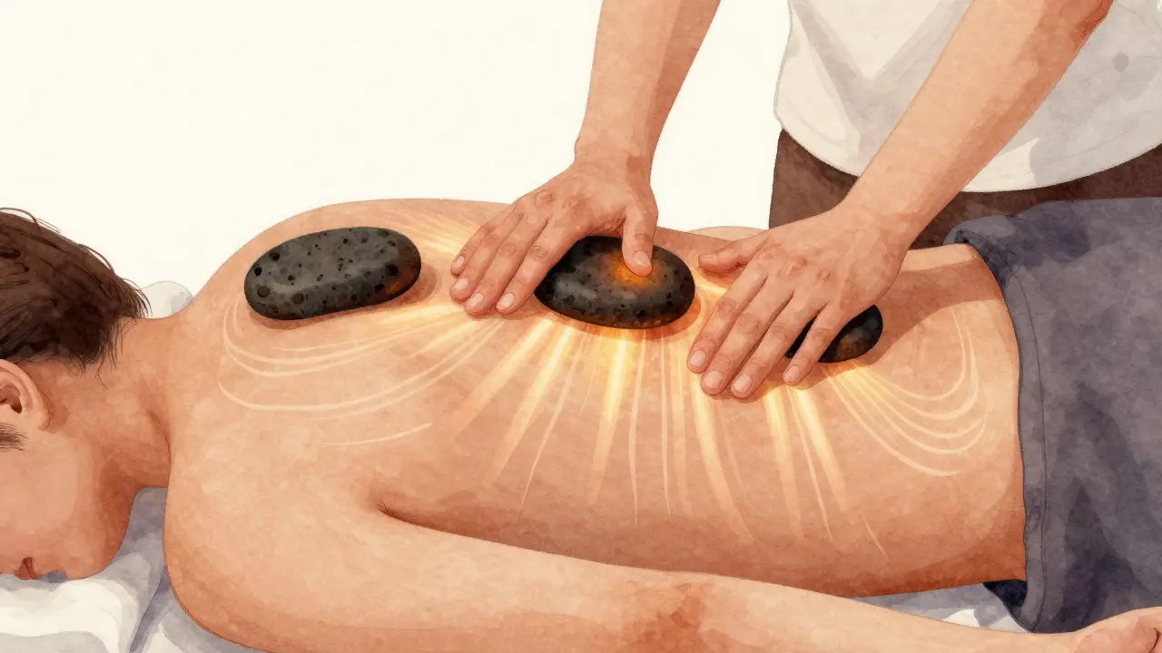 Masér pomalu přesouvá horké kameny po zádech klienta, s vizuálními vlnami tepla pronikajícími do těla.