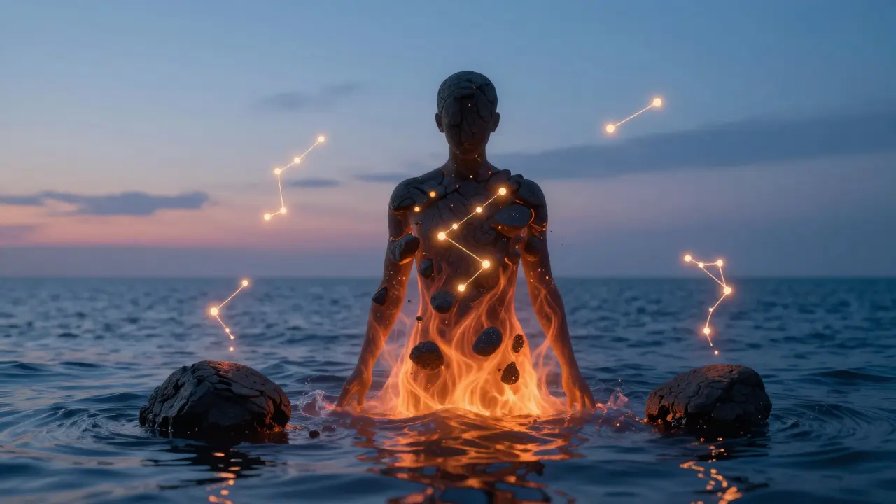 Postava se rozptýlí v klidných vlnách tepla, s lávovými kameny jako symboly uvolnění a obnovy.