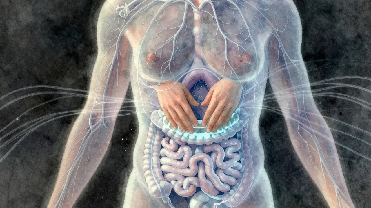 Průhledný náčrt těla s osvětlenými lymfatickými cévami kolem střev.