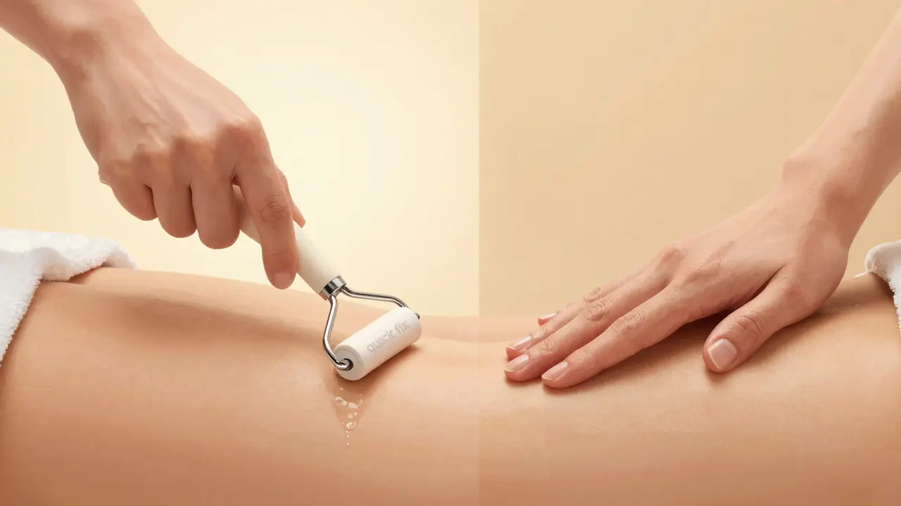 Ruční masáž vs. strojová technika, kontrastní scéna s teplým osvětlením.