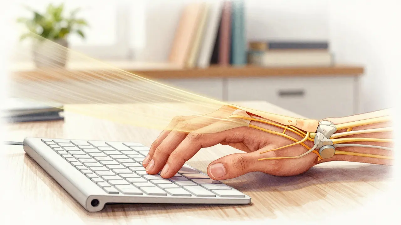 Ruka při psaní na klávesnici, s přehledem podpěrných struktur pod tejpem, tepelné odstíny.