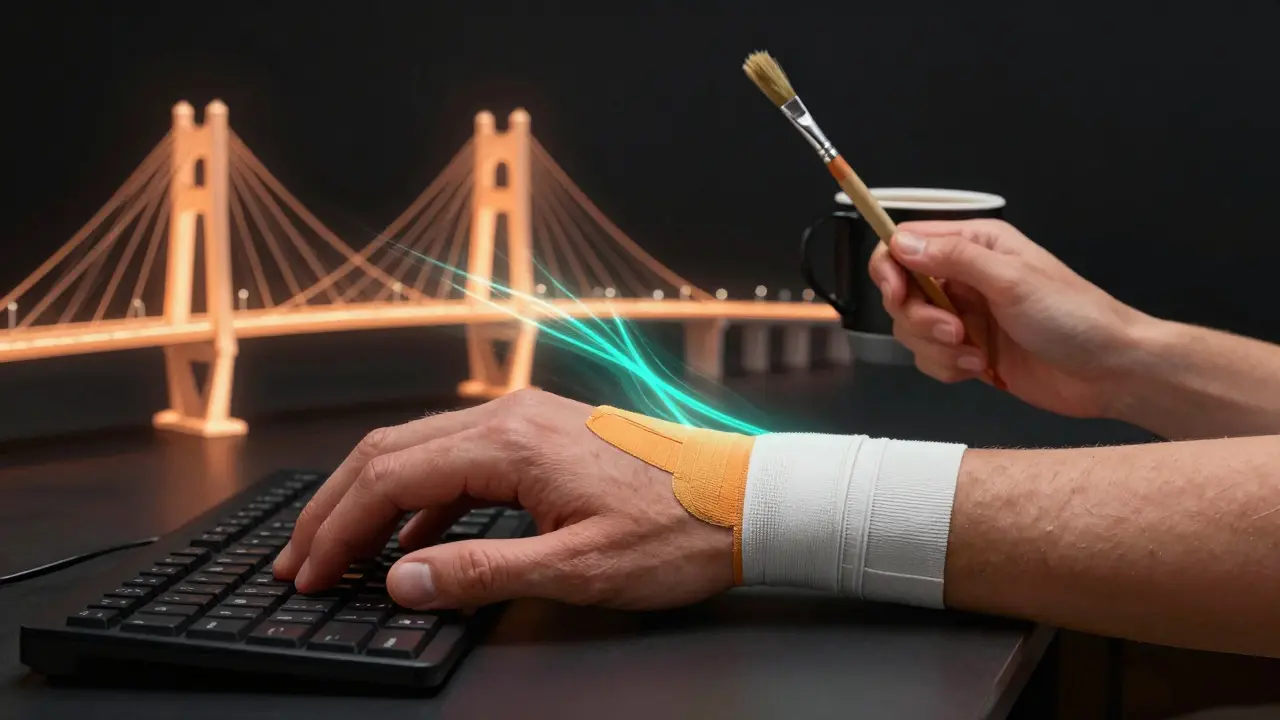 Symbolický obrázek zápěstí v tejpování, které se mění v most mezi bolestí a volností pohybu.