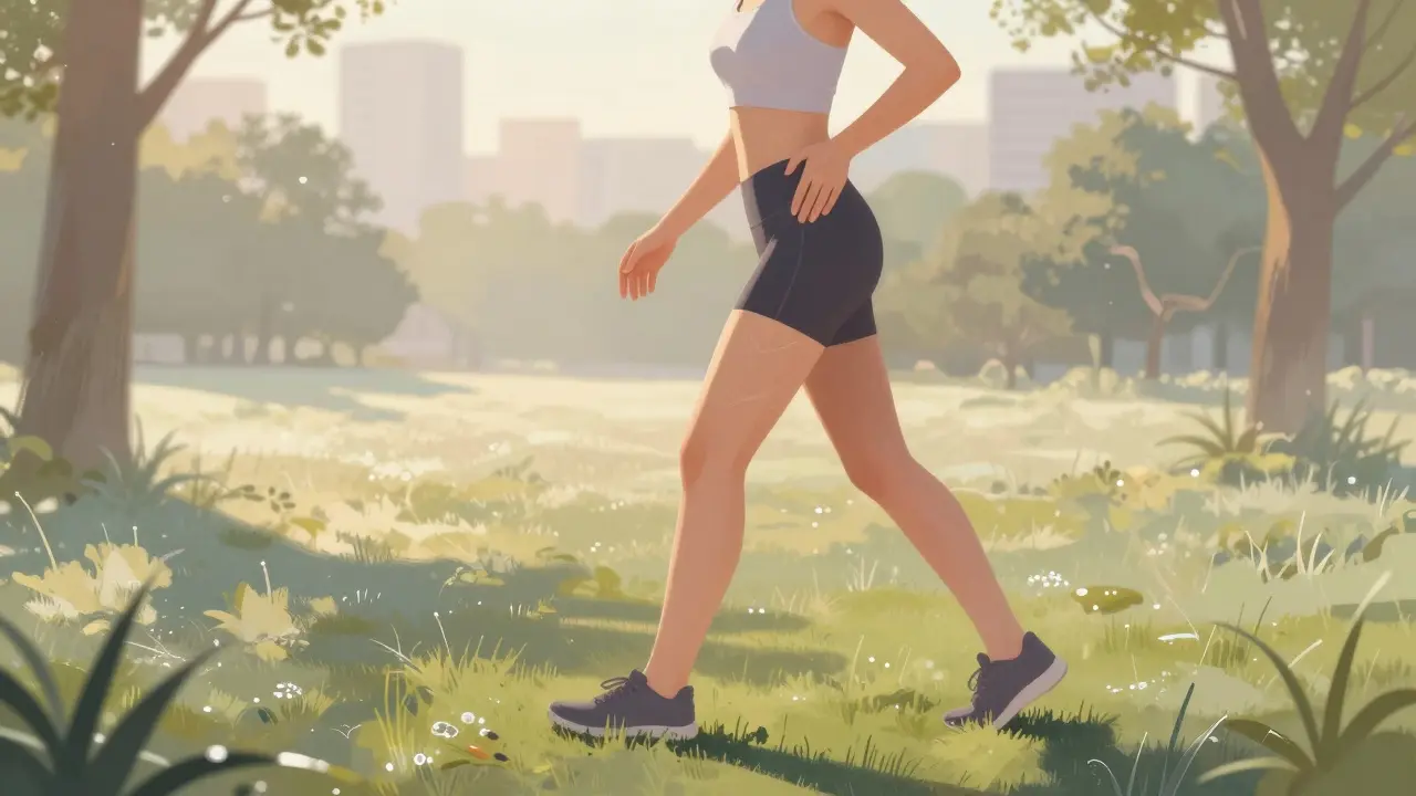 Žena masíruje bok zároveň s chůzí v parku při ranním světle.