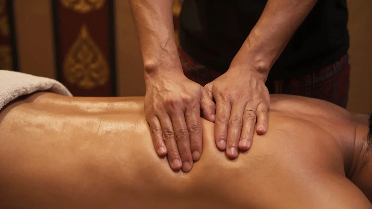 Close-up of hands and forearm pressing along the lower back during a Thai massage session.