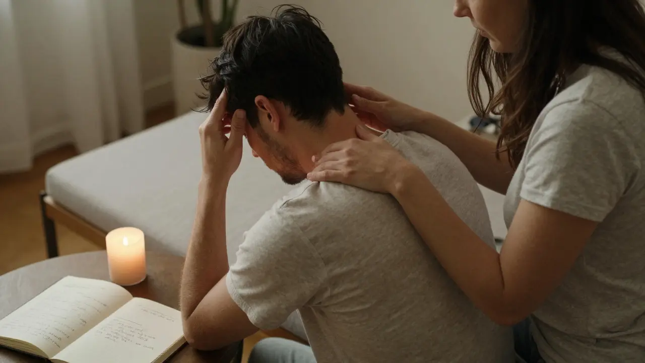 Dvojice společně provádí domácí masáž hlavy a ramen, ve tichém, klidném prostředí.