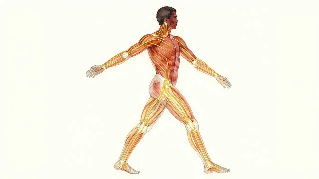 Golden energy lines flowing along the body, highlighting tension points in back, neck, and thighs.