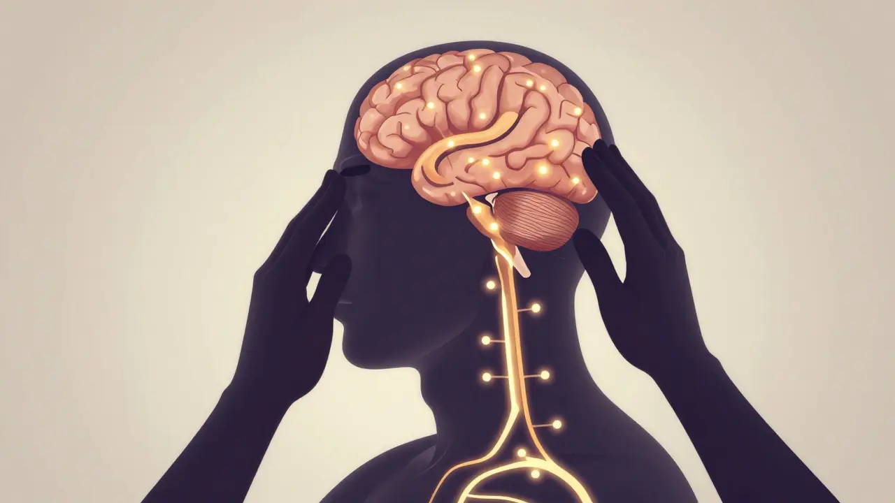 Ilustrace s krevními cestami a akupresurními body na krku a hlavě, označenými jemným zářením.