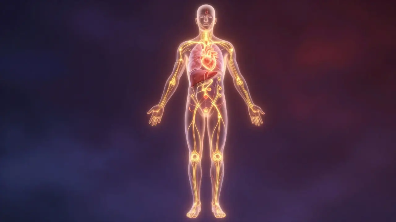 Lidské tělo s jasně zvýrazněnými zlatými energetickými cestami spojujícími klíčové orgány, jako jsou srdce, játra a slezina.