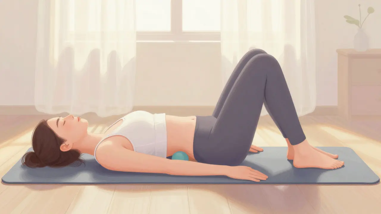 Osoba leží na zádech s malým míčkem pod zády, uvolňuje svaly.