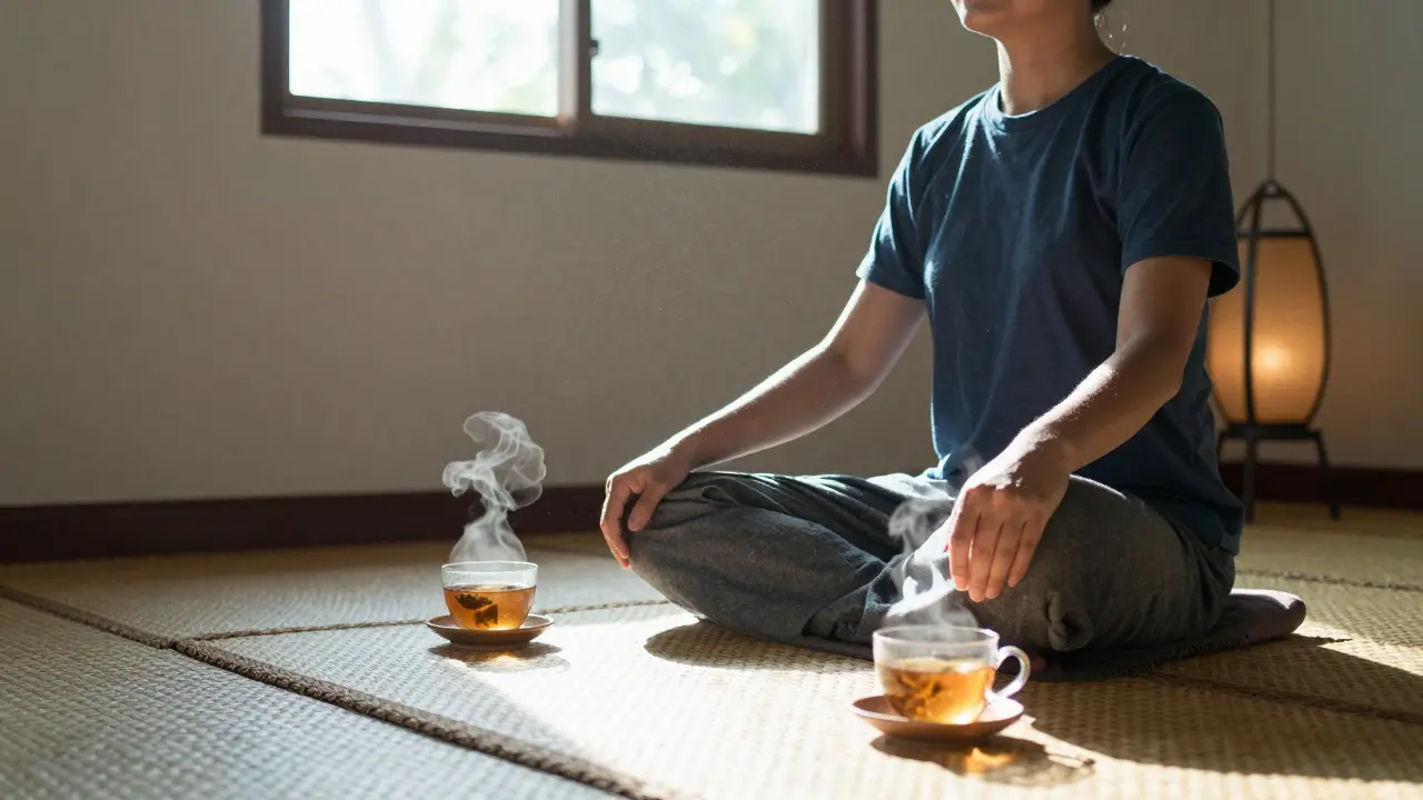 Person sitting peacefully after a Thai massage, radiating calm in a softly lit room.