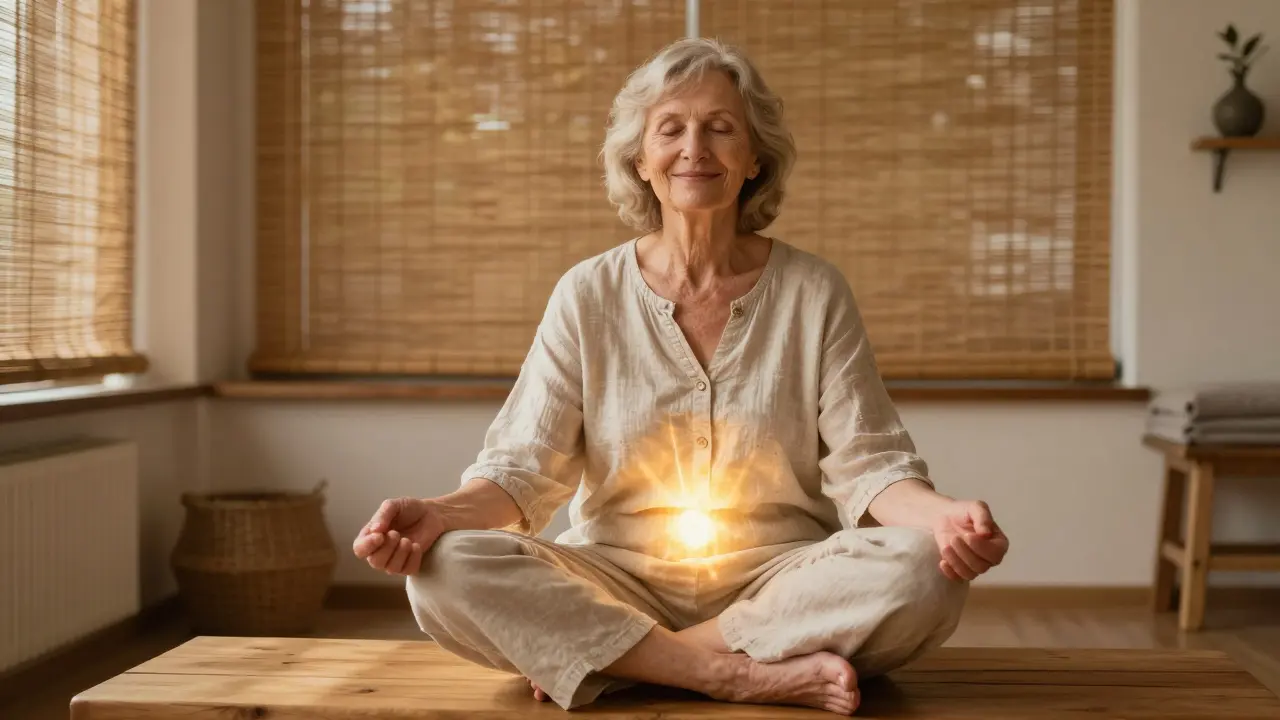 Starší žena sedí klidně na dřevěném lavičce v tichém wellness centru, její tvář vyzařuje klid a uvolnění, světlo z okna osvětluje její bavlněné oblečení.