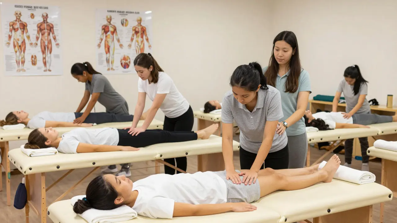 Studenti cvičí sportovní masáž na sebe navzájem v učebně s anatomickými plány.