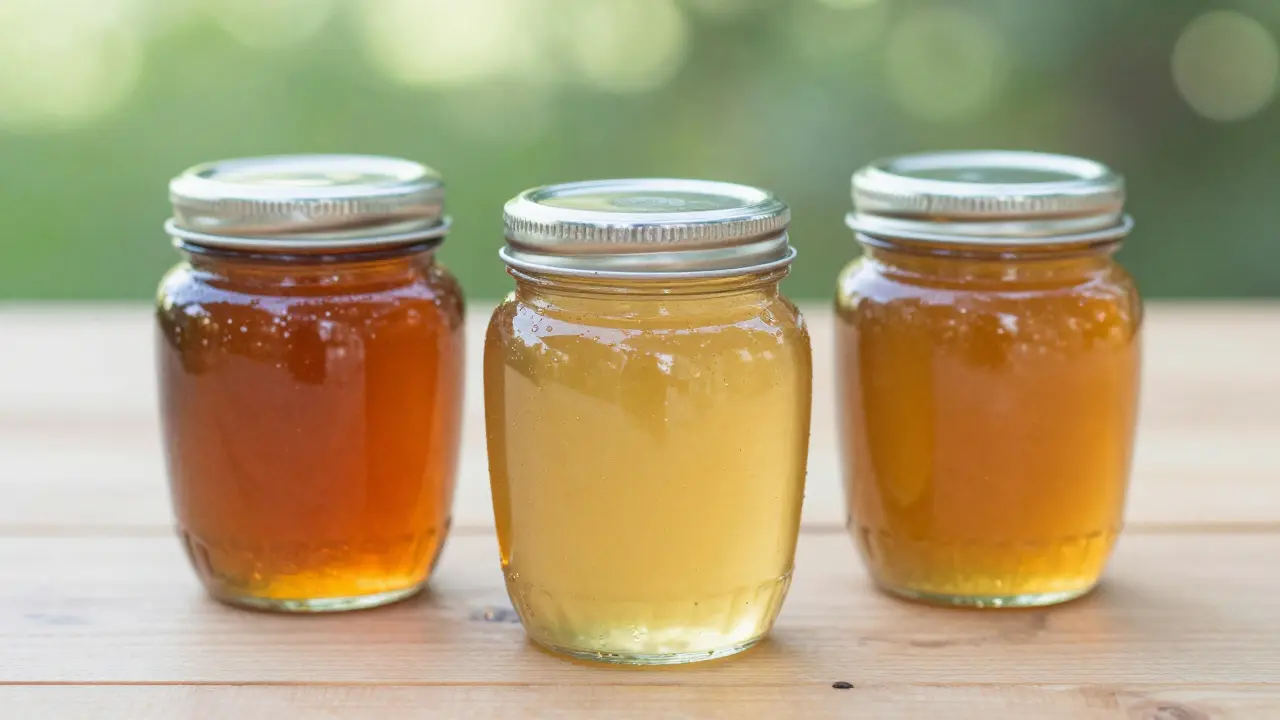 Tři druhy medu v skleněných nádobách na dřevěné desce.