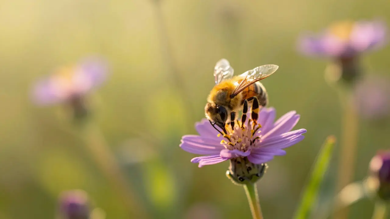 Včely sbírající pyl na květinovém luhu.