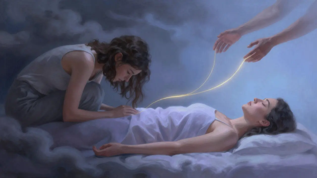 Dvě části obrazu: jedna s PMS příznaky, druhá s klidem a uvolněním po masáži, propojené zlatým světlem.