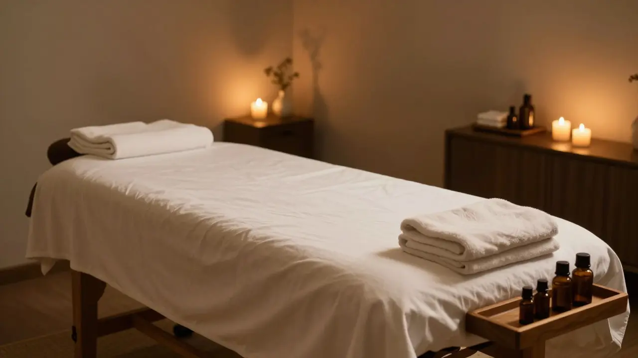 Klidná wellness místnost s měkkým světlem, ručníky a masážním stolem.