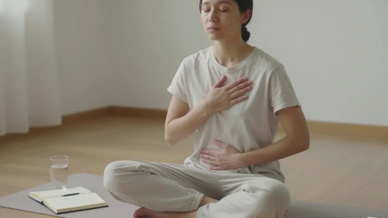 Osoba sedí sama, ruce na srdci a břiše, tichá chvíle sebeobjevení v klidném prostředí.
