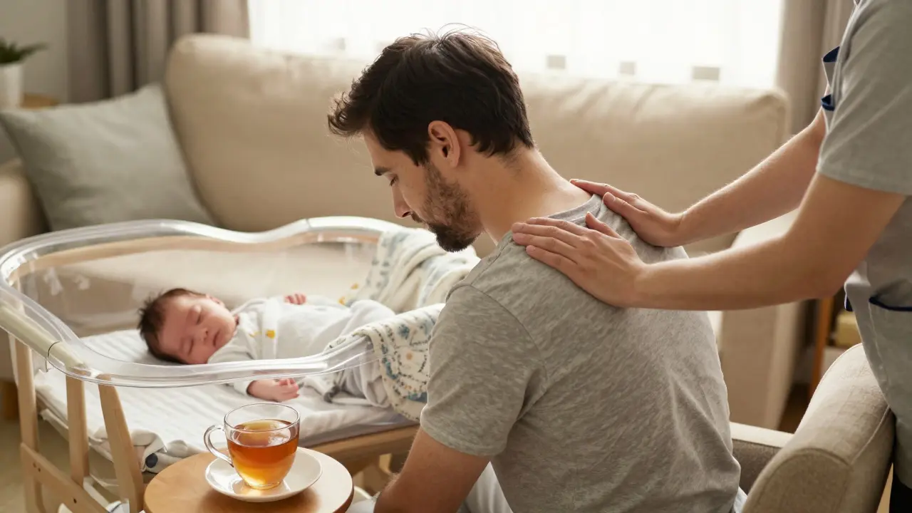 Otec dostává masáž zád a krku, zatímco jeho novorozenc spí v košičce poblíž.